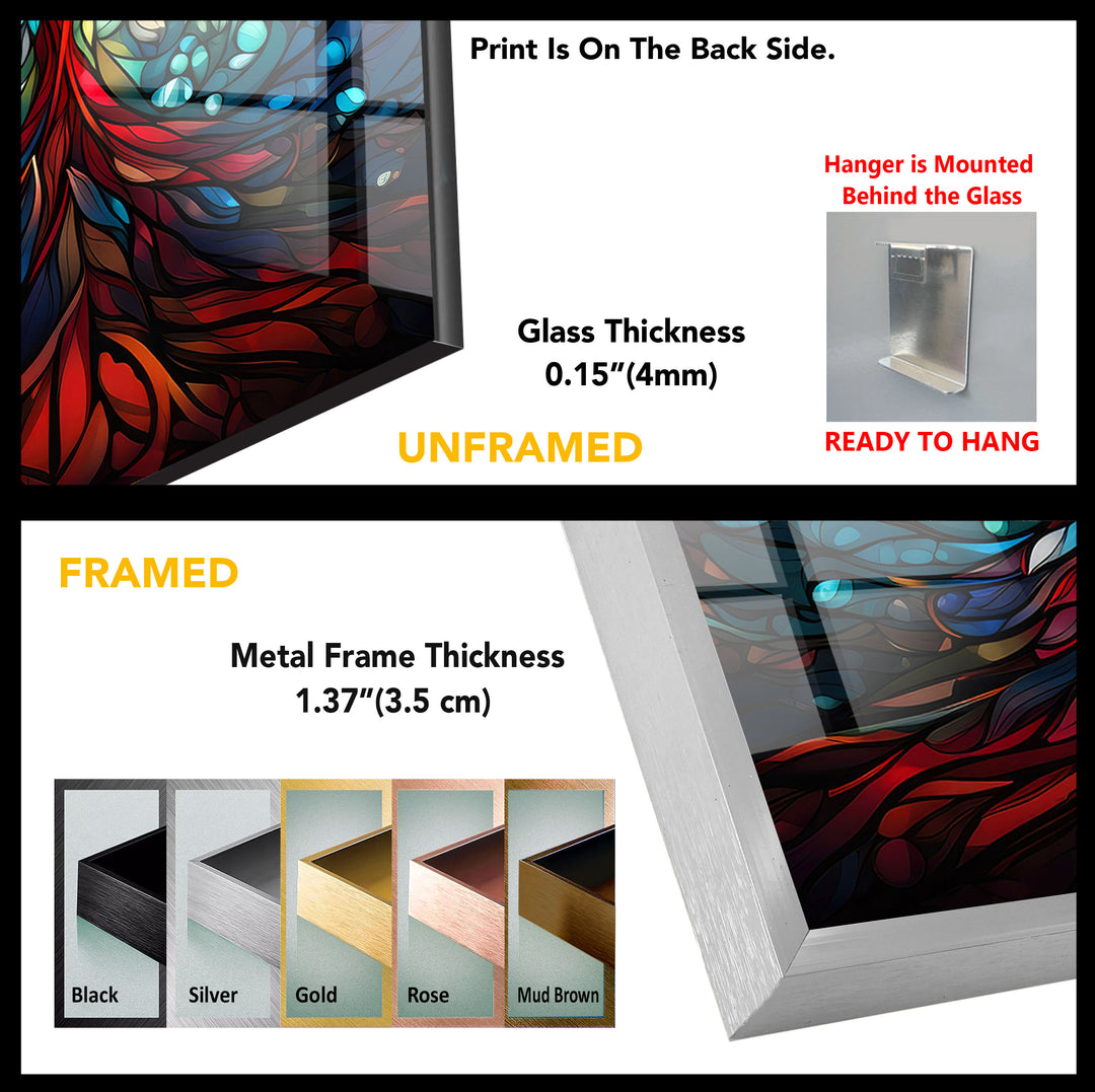 Baum des Lebens Buntglas-Wandkunst – Farbenfrohes vertikales Glasdruckdesign