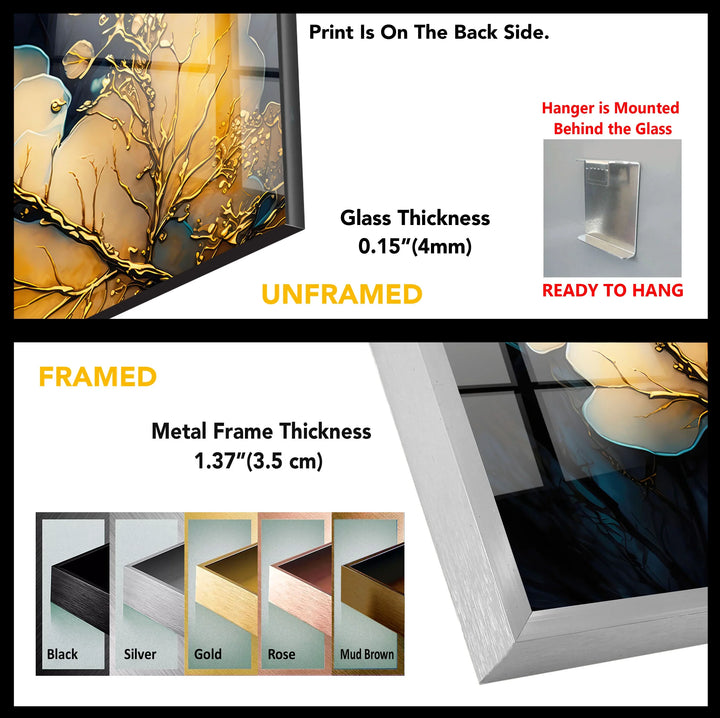 Golden Botanical Abstract Wall Art – Elegant Navy and Gold Glass Print for Luxe Interiors - MyPhotoStation