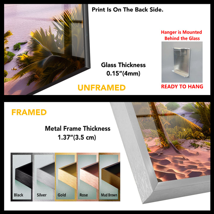 Tropischer Strand Sonnenuntergang Wandkunst – Lebendiger Ozeanhorizont Glasdruck