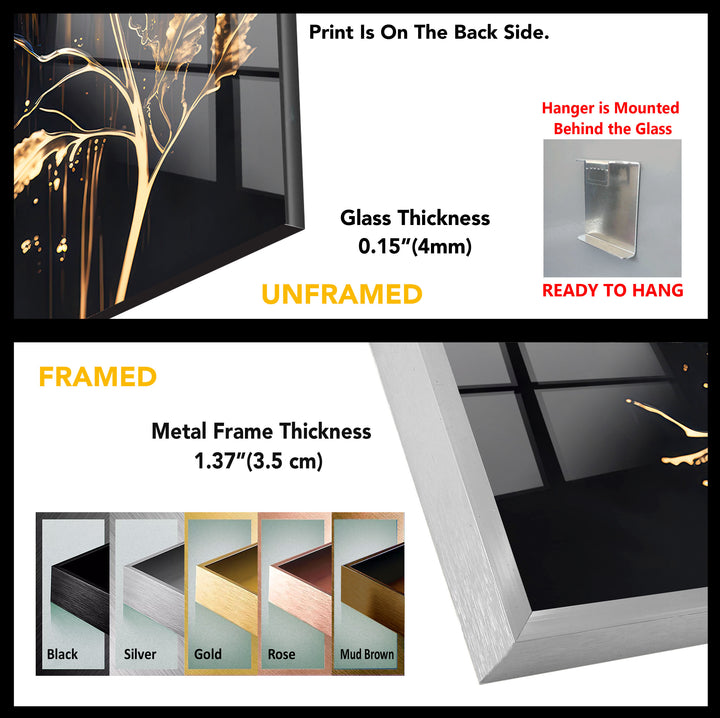 Blue and Gold Floral Wall Art – Elegant Dark Botanical Glass Print for Modern Luxury Decor