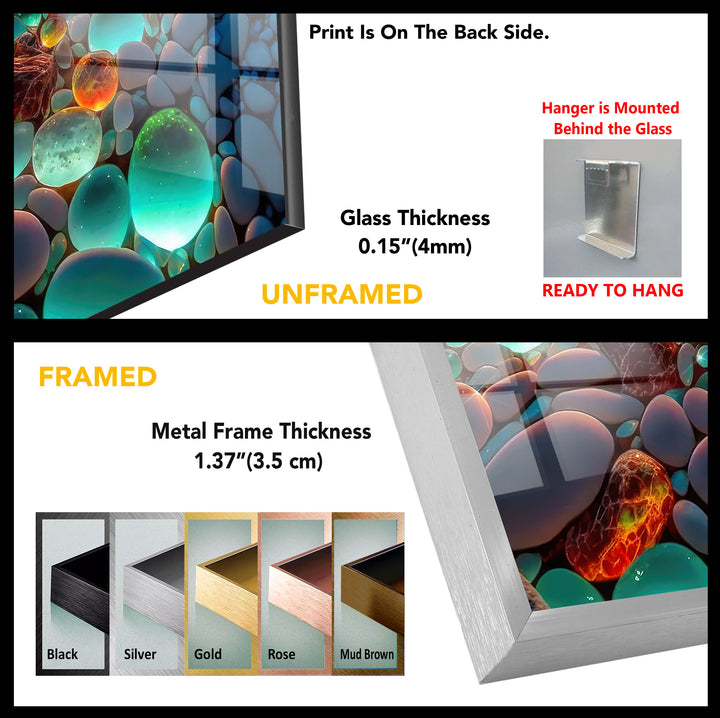 Glowing Pebble Beach Wall Art – Sunset Glass Print with Luminous Stones for Coastal Decor