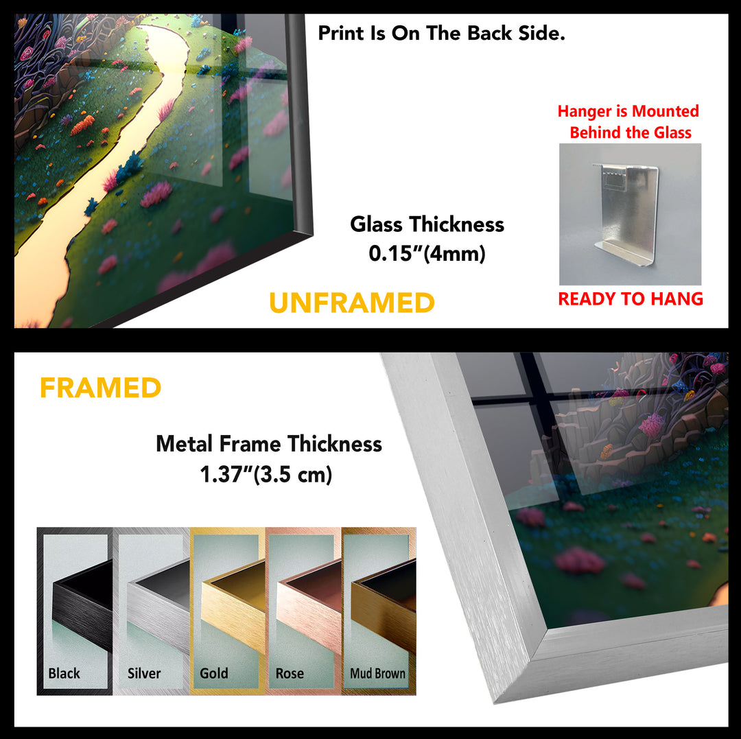 Verträumte Wandkunst mit Lebensbaum – Sonnenuntergangspfad, Fantasy-Glasdruck-Design