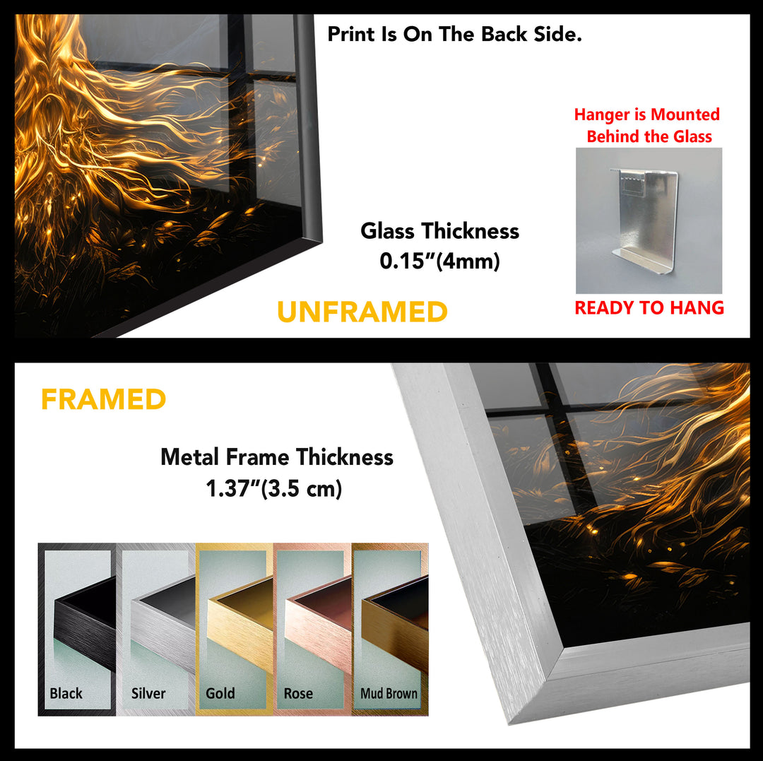 Goldene Fantasiebaum-Wandkunst – Beleuchtetes abstraktes Glasdruckdesign