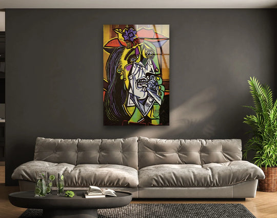 The Weeping Woman by Pablo Picasso glass wall art features a woman's fragmented, emotional face, a striking piece of art from glass.