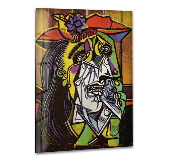 The weeping woman by Picasso glass art features dark, wavy hair with hints of purple and streaks of light.