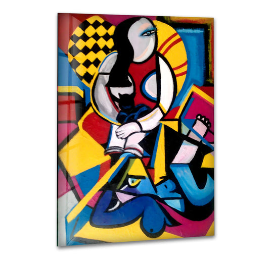 Abstract painting with angular shapes in bright blues and yellows creates a sense of dynamic movement in this decorative wall art.