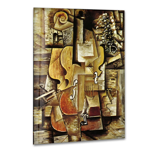 Textured brushstrokes create a detailed cubist glass wall art decor depicting a violin and grapes in earthy tones.