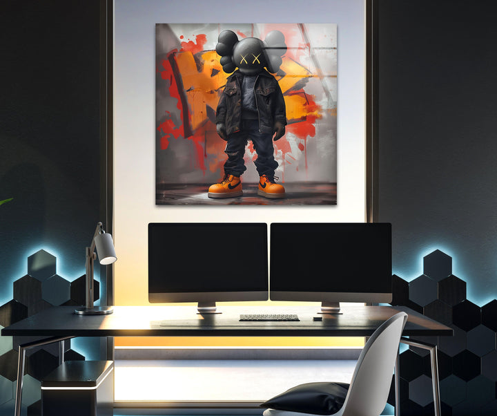 Kaws – Orangefarbene Glaswandkunst