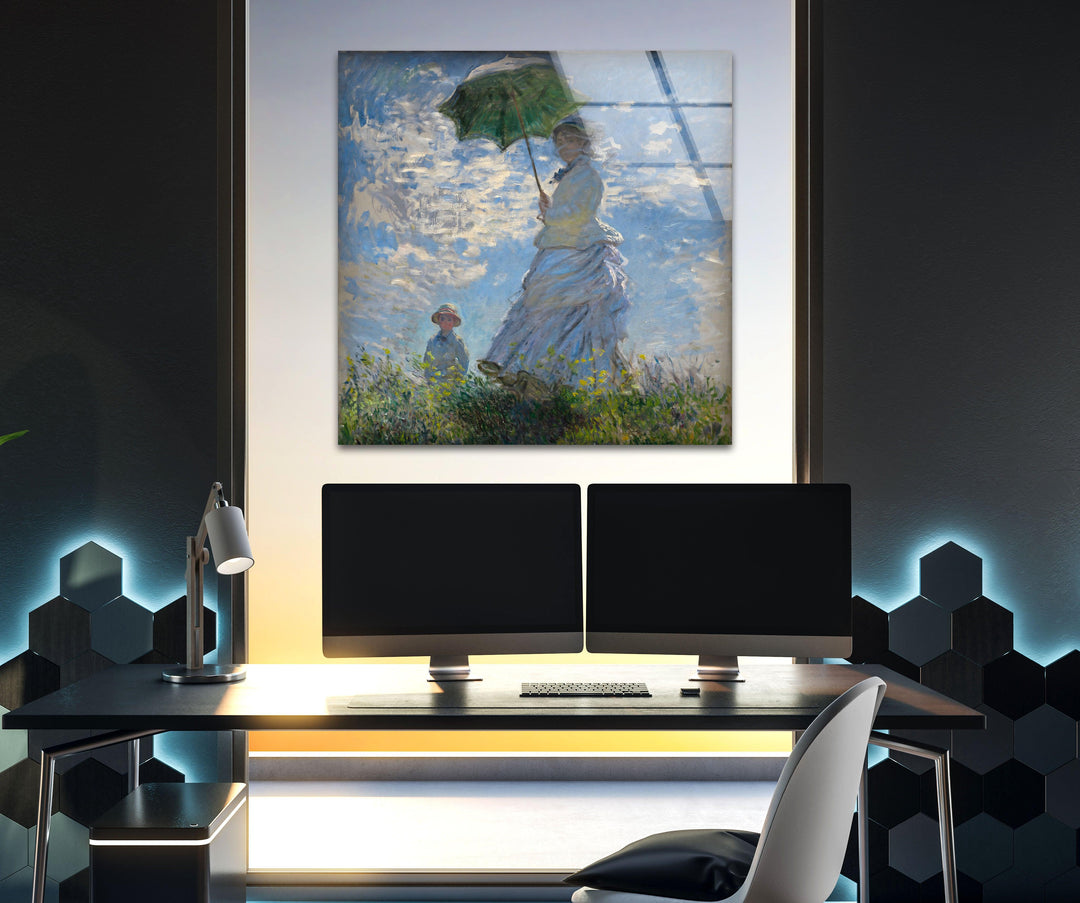 Woman with a Parasol – Madame Monet and Her Son Claude Monet Glass Wall Art glass art painting, glass art for the Wall
