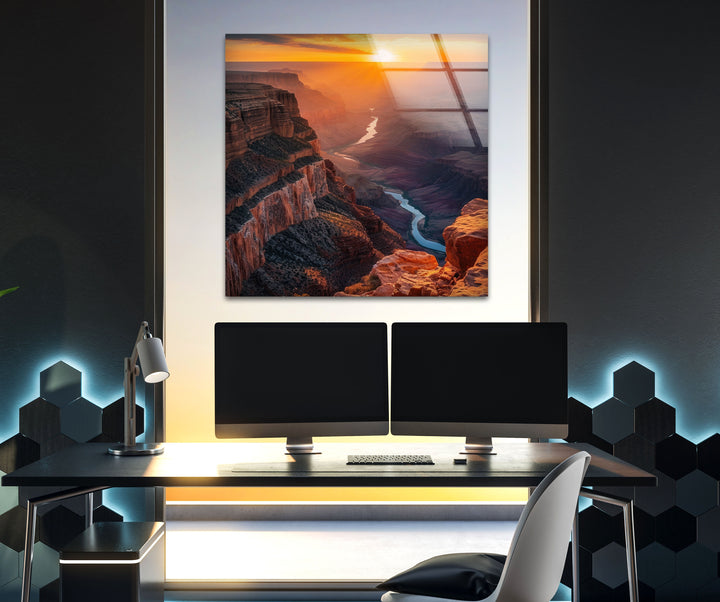 Grand Canyon artwork featuring a sunlit sky and winding Colorado River.
