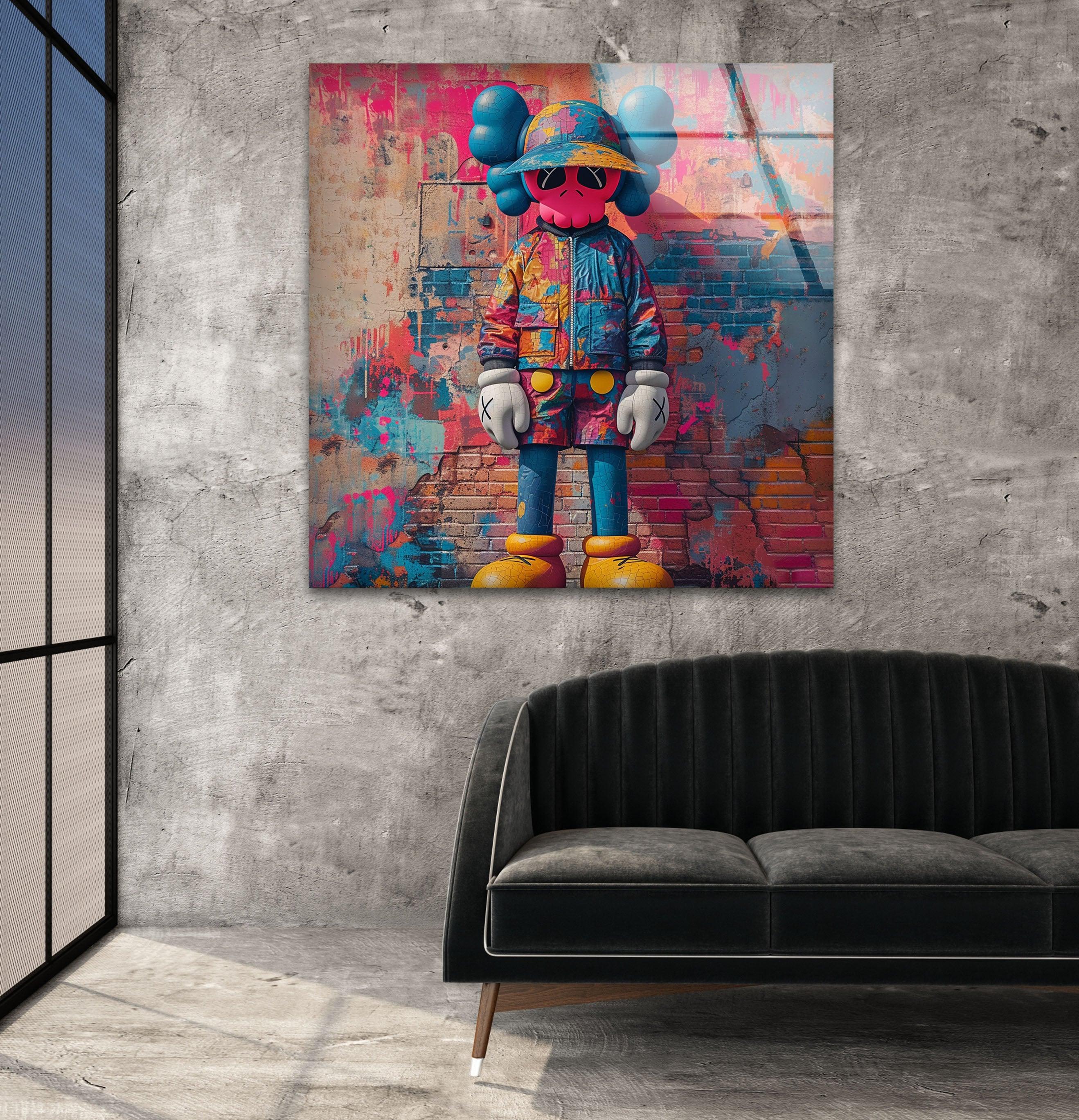 Kaws Pink Graffiti Glass Art – Vibrant Urban Decor – MyPhotoStation