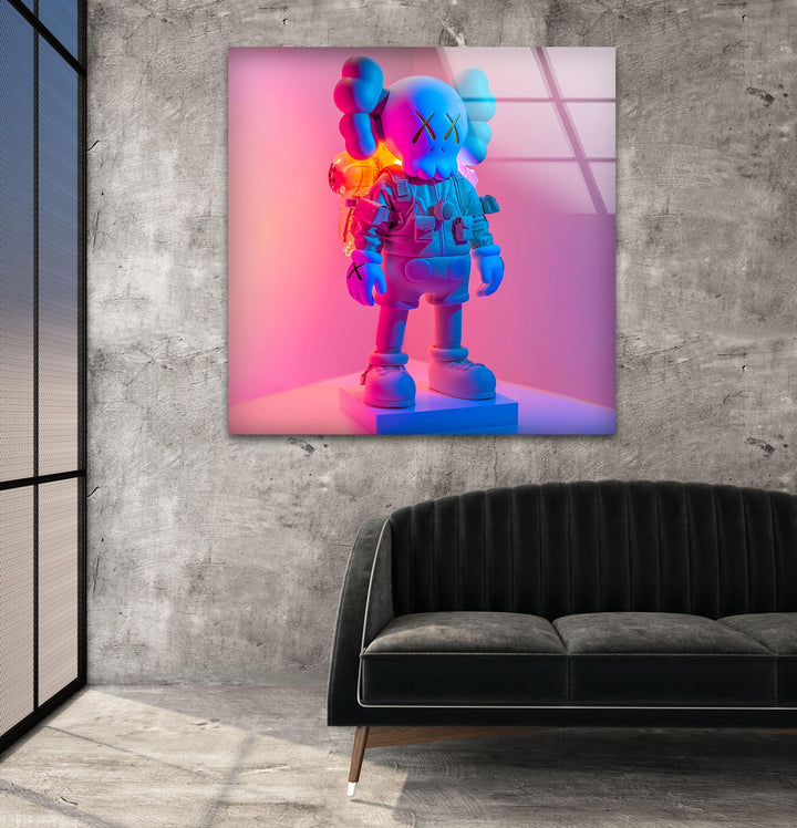 Kaws Pink & Blue Glass Wall Art picture on glass wall art, photos printed on glass