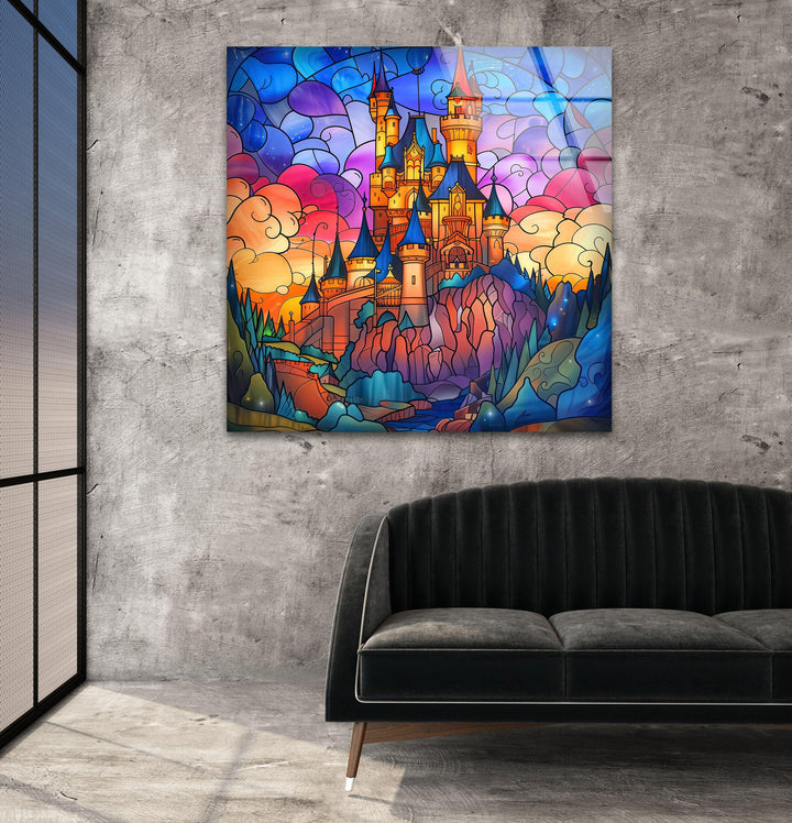 Colored Stained Castle Glass Wall Art custom glass pictures, glass art prints
