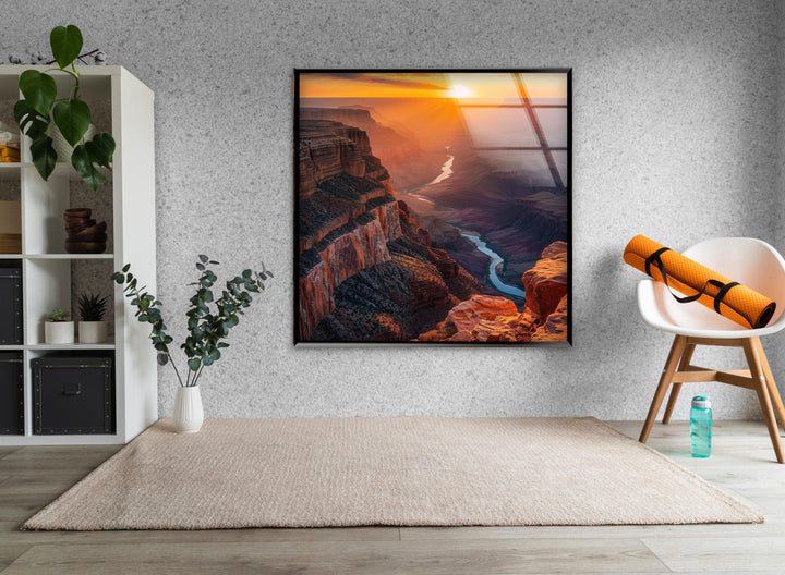Glass wall art capturing the peaceful and dramatic essence of the Grand Canyon at dusk.

