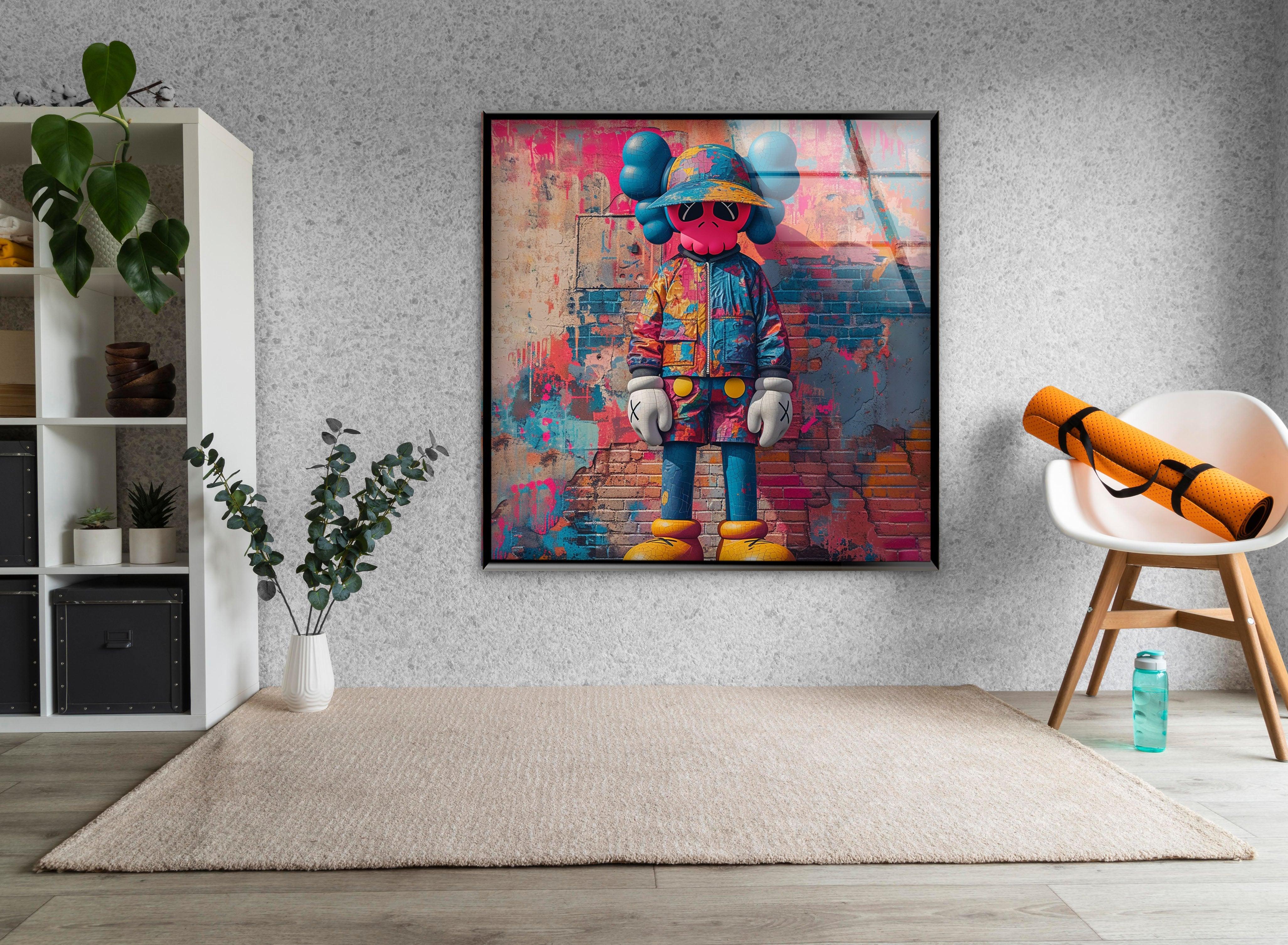 Kaws Pink Graffiti Glass Art – Vibrant Urban Decor – MyPhotoStation