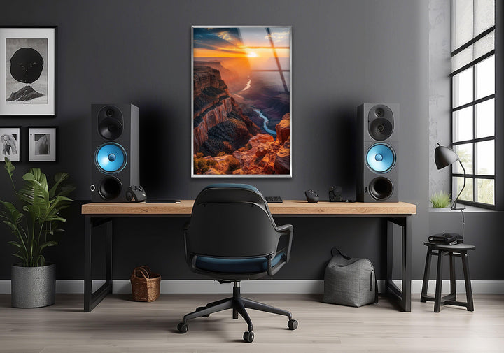Stunning Grand Canyon glass wall art featuring a breathtaking sunset view.
