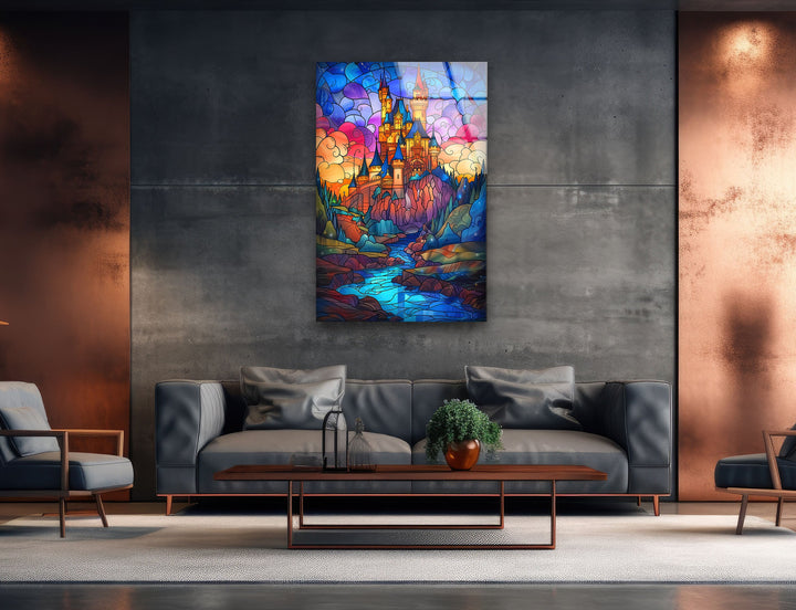 Colored Stained Castle Glass Wall Art picture on glass wall art, photos printed on glass
