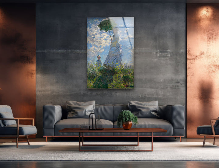 Woman with a Parasol – Madame Monet and Her Son Claude Monet Glass Wall Art custom glass photo prints, large glass prints
