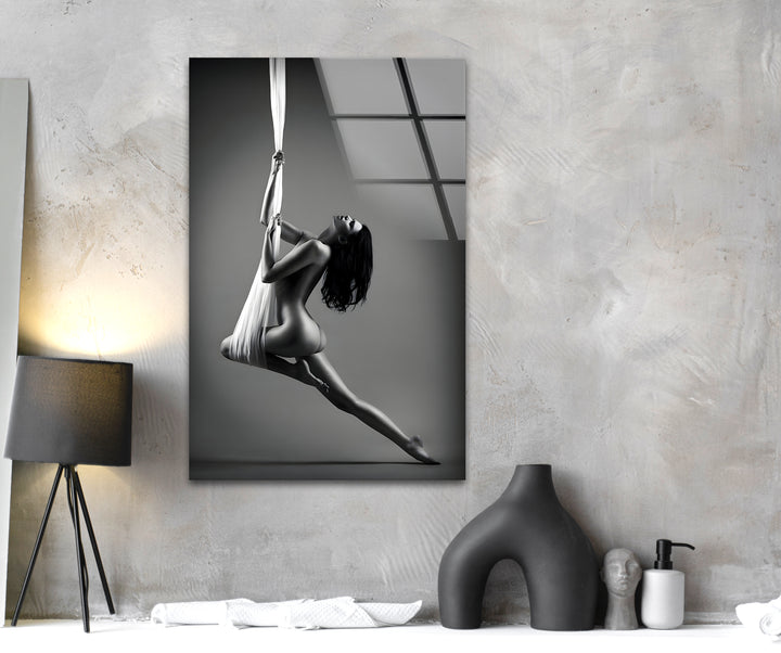Erotic paintings combined with sexy art on sleek glass wall decor
