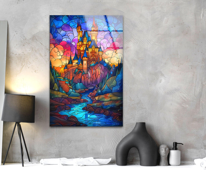 Colored Stained Castle Glass Wall Art print on glass, glass printed photos
