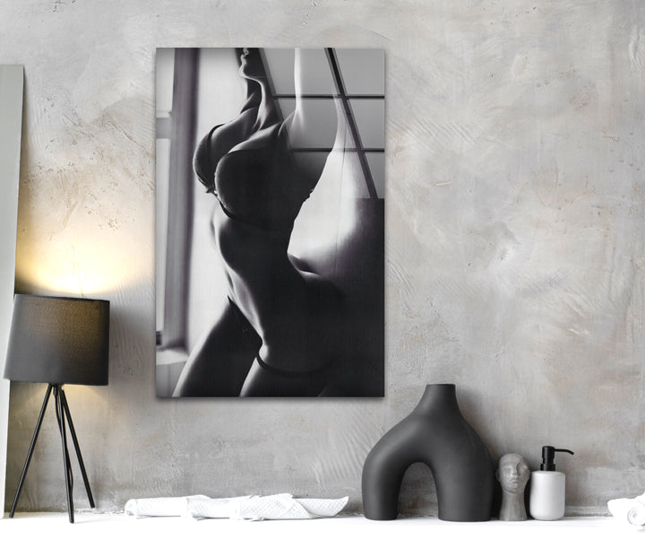 Bold sexy art featuring erotic nude drawings in modern glass decor
