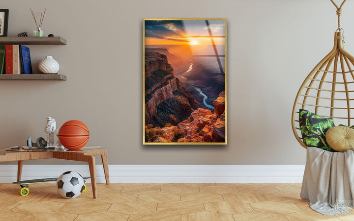 High-quality glass print of a sunset over the Grand Canyon’s deep valleys.
