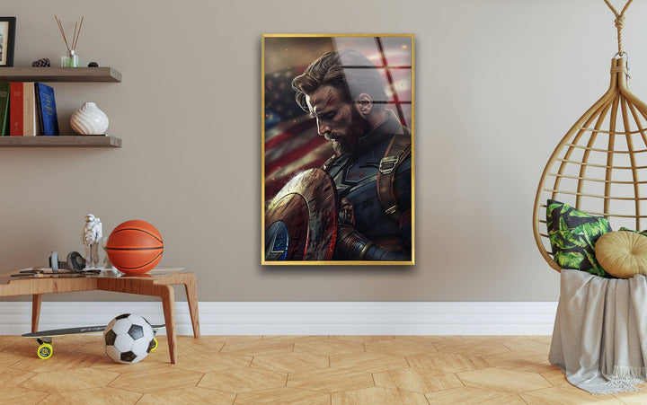 Captain America & Flag Glass Wall Art photo print on glass, prints on glass wall art
