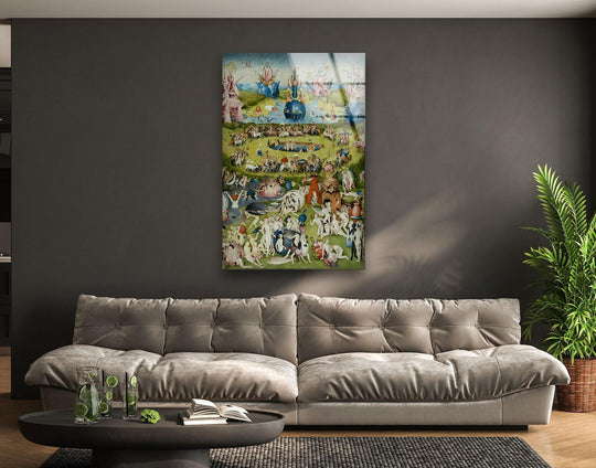 Vibrant, highly saturated colors fill this detailed tempered glass wall art depicting a lively garden scene.