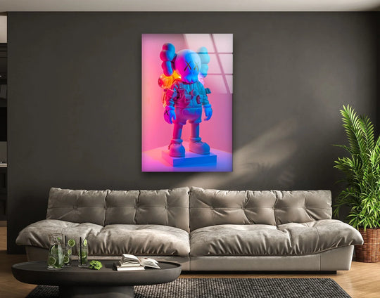 The cool art is Kaws pink and blue glass wall art and famous paintings and vibrant artwork with bold colors and durable tempered glass