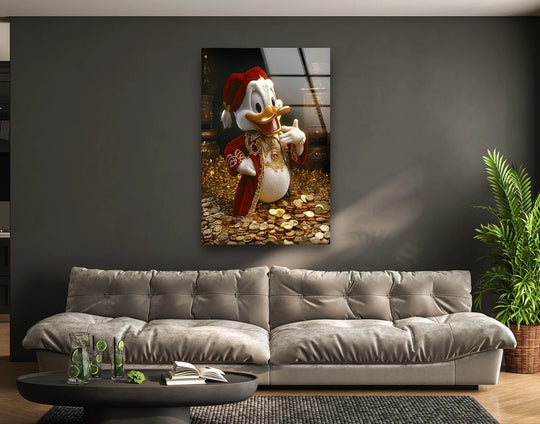 Revealing the layering effect, this glass print wall art captures King Duck amidst his golden riches with a modern tempered glass finish.