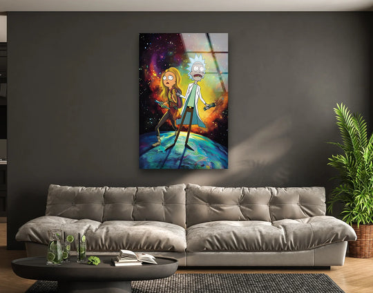 Rick and Morty stand on a planet, a focal point in this vibrant tempered glass wall art.