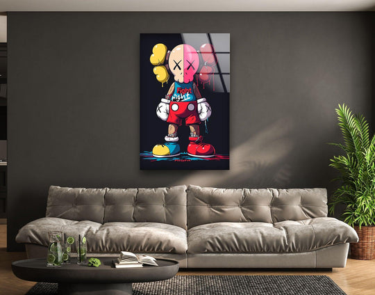 Kaws Fighter glass wall art shows a cartoon character design with a split face and vibrant colors for cool art and bold urban decor