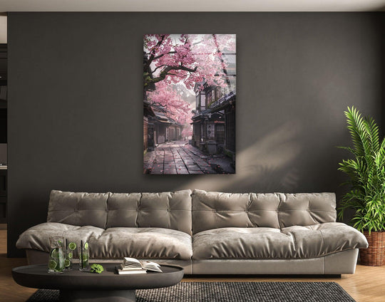 Pink sakura blossoms define the softest element in this Japanese Sakura decorative wall art, bringing delicate color to the traditional street scene.