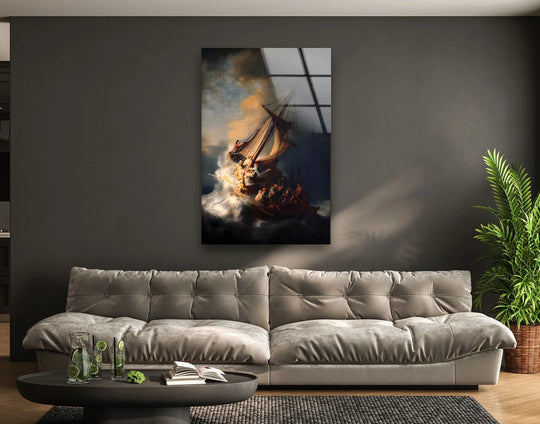 A vintage-style glass wall art of the Storm on the Sea of Galilee features rough waves and a distressed ship.