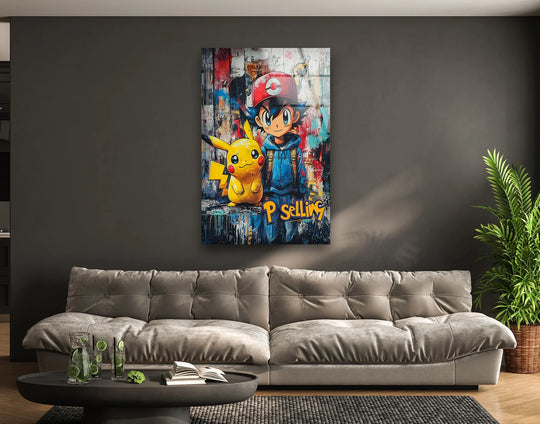Contrasting hues blend, where graffiti transitions in this dynamic duo street art from glass, highlighting the colorful cartoon glass wall art.