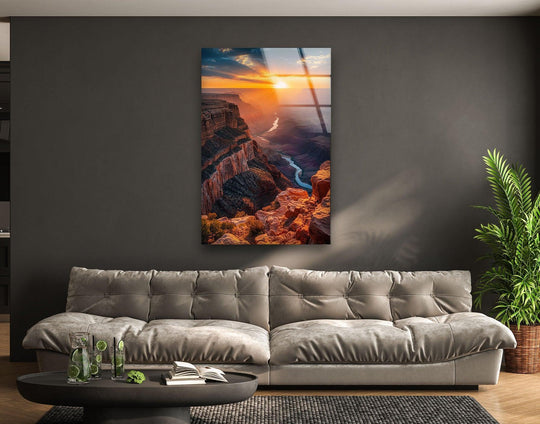 Landscape glass wall art showing Grand Canyon sunset view and majestic landscape decor with breathtaking color creating a focal point