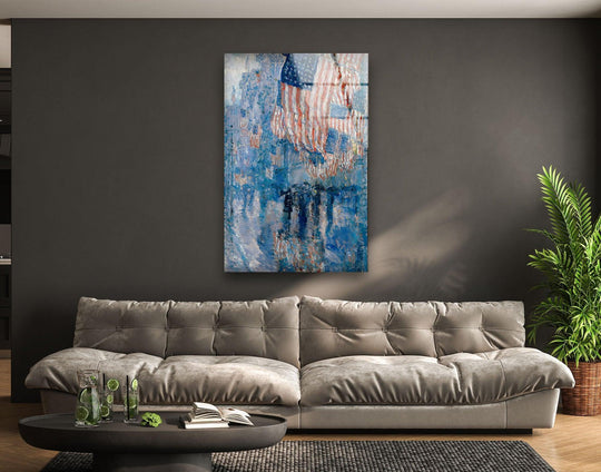 This Childe Hassam Avenue in the Rain glass wall art features a rich blue impressionistic street scene with hanging American flags, complementing home decor.