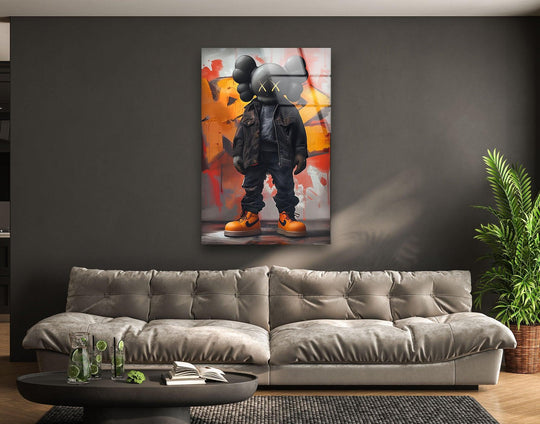 The kaws orange glass wall art shows an urban graffiti style design and is cool art for your wall as kaws wall decor to elevate your space