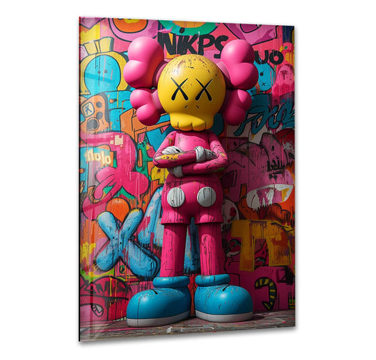 The cool art features pink and yellow Kaws and is pink Kaws glass wall art for iconic modern decor and unique wall prints