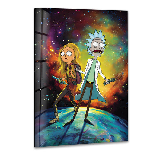 Shadows and brilliant light play across the cosmic glass art painting as Rick and Morty explore a vibrant alien world.