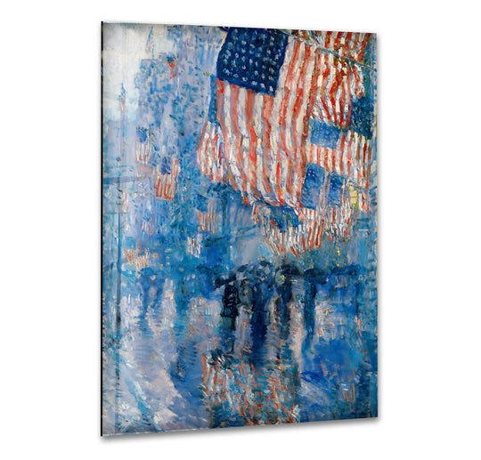 American flags are depicted in motion in this vibrant glass printing of Childe Hassam's 'The Avenue in the Rain'.