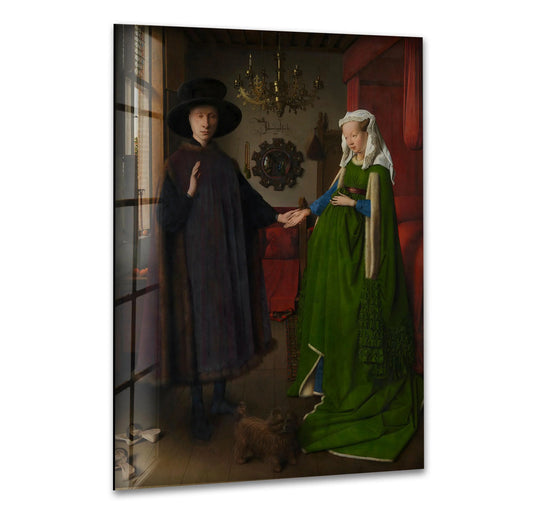 The darkest area of The Arnolfini Portrait glass wall art features a man in a black hat and cloak.