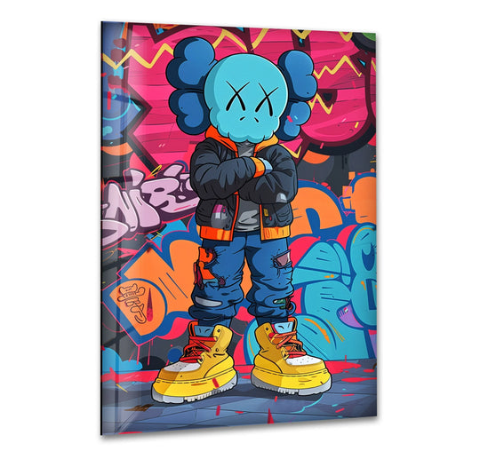 The colorful graffiti glass wall art features a cartoon figure urban style and bold colors and is cool art to elevate modern interiors