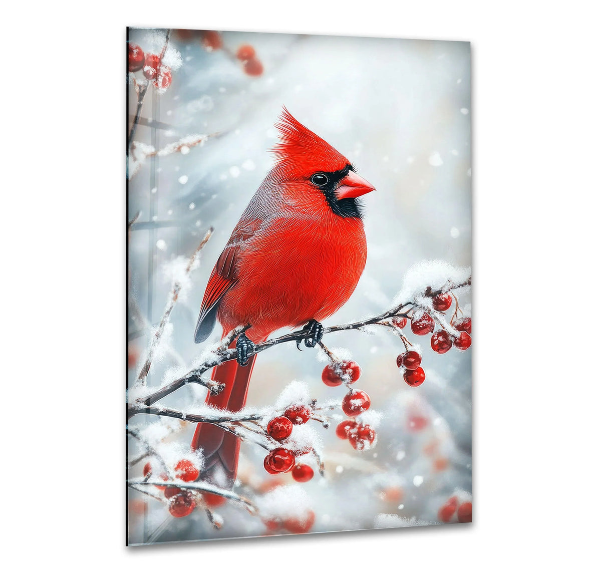 The brightest area of the snowy goldfinch glass art painting features a cardinal perched on a branch.