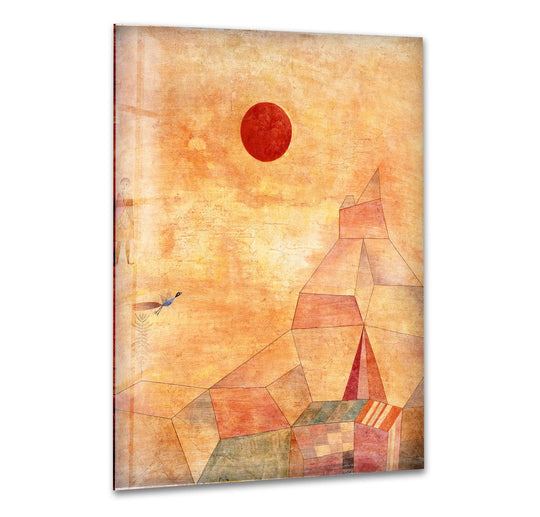 Paul Klee's Märchen glass wall art features a striking visual rhythm of geometric shapes and a vibrant red sun.