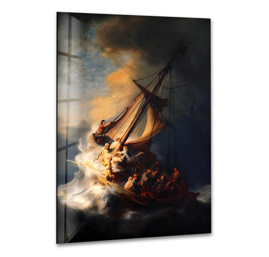 A dramatic oil painting art piece captures the intense depth and layers of a ship battling turbulent waves and dark, swirling clouds.