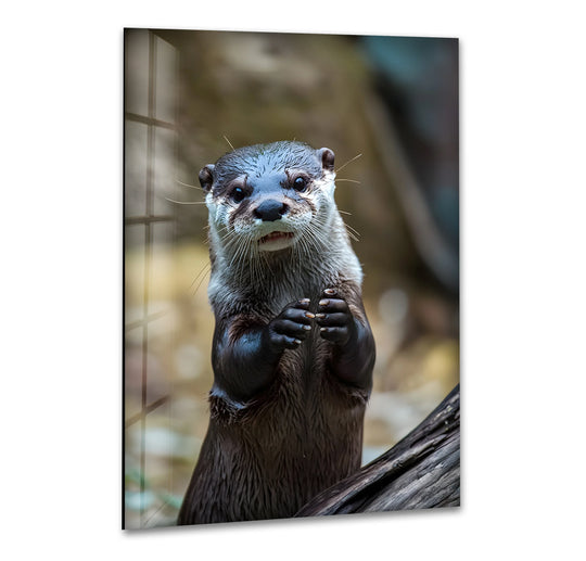 A cute otter peeks out from the brightest area of this glass print wall art, holding a small object.