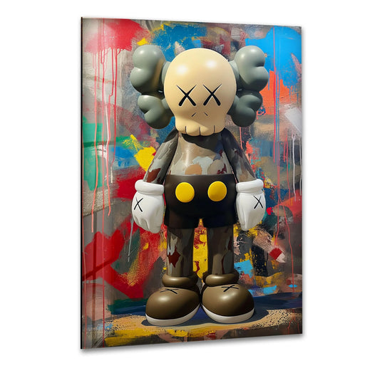 Kaws Grey cool art is a glass wall art featuring a cartoon character and bold colors and abstract graffiti art for urban wall decor