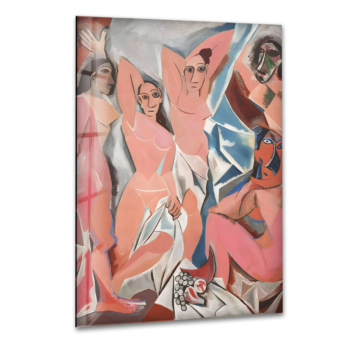 Vibrant pink and blue hues define this Les Demoiselles d'Avignon glass wall art print, showcasing bold cubist forms.