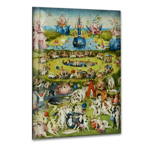 Hieronymus Bosch's Garden of Earthly Delights glass wall artwork features intricate details along its borders.